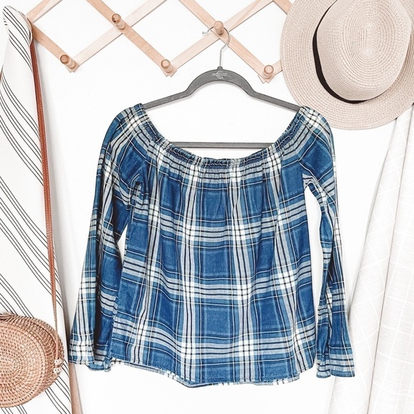 Anthropologie Cloth & Stone Blue Plaid Off The Shoulder Top - Picture 3 of 7